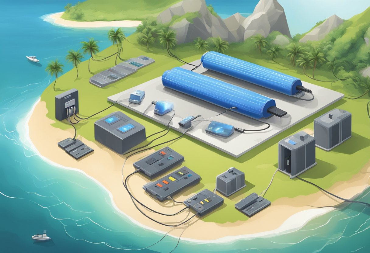 A lithium battery islanding on a remote island, surrounded by charging stations and cables