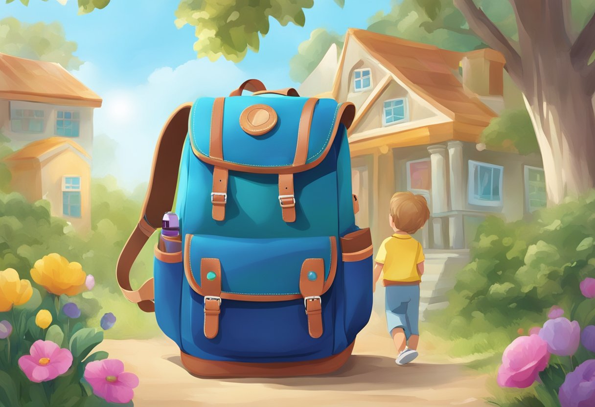 A child's backpack with hidden GPS tracker, smartwatch with location monitoring, and a discreet tracking device disguised as a toy